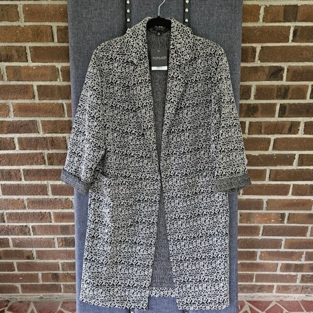 Topshop Womens Jacket Black White Knit Open Front Long Sleeve New